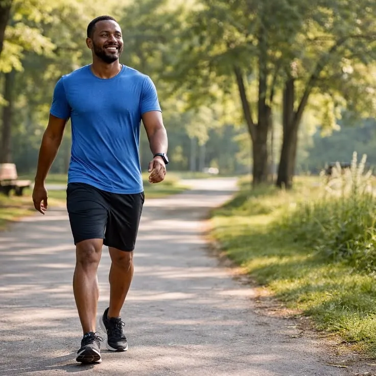 Comfortable walking shoes on a paved morning path